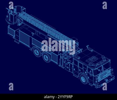 Fire engine truck or firetruck car vector wireframe, firefighter vehicle. Firefighting lorry, fireman emergency rescue, transport, isometric view flat Stock Vector