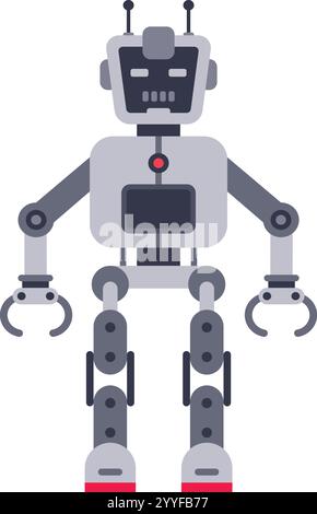 Futuristic robot character standing still with claw hands, antennas and red highlights on white background, artificial intelligence concept in flat Stock Vector