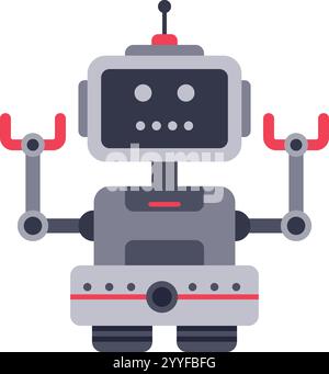 Cartoon robot waving with claw hands, featuring an antenna on its head, a screen face and a camera on its chest, embodies a playful and futuristic Stock Vector