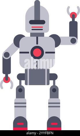 Friendly gray and red robot waving and greeting with an extended robotic arm, featuring a futuristic design that embodies innovation and advanced Stock Vector