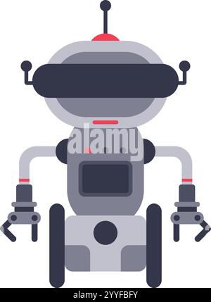 Modern gray robot with wheels, grippers and a screen on its chest is standing still and ready to perform tasks, showcasing advanced robotics and Stock Vector