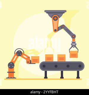 Automated robotic arms lifting and moving boxes on an assembly line inside a factory, representing automation, industry 4.0, artificial intelligence Stock Vector