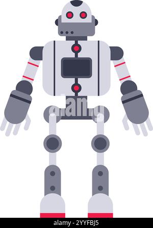 Futuristic robot standing with arms open, red glowing eyes and a screen on its chest, representing advanced technology and artificial intelligence Stock Vector