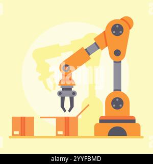 Orange robotic arm packing products into cardboard boxes on an assembly line, representing automation in modern warehouse and industry 4.0 concept Stock Vector