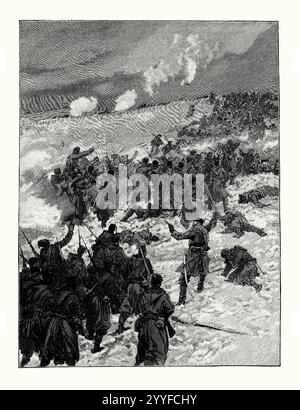 An old engraving of a Russian attack during the siege of Plevna (Pleven), Bulgaria in 1877. It is from a Victorian history book of c.1900. This was a major battle of the Russo-Turkish War of 1877–78, fought by the joint army of Russian Empire and Kingdom of Romania against the Ottoman Empire. After the Russian army crossed the Danube at Svishtov, it began advancing towards the centre of modern Bulgaria. The Ottoman army led by Osman Pasha, was massed in the fortified city of Plevna. The Russian-Romanian victory on 10 December 1877 was decisive for the outcome of the war. Stock Photo