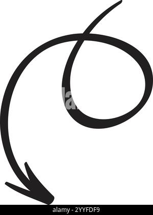 Simple, hand drawn, black arrow is pointing down, making a loop and a flourish, isolated on a white background, conveying a sense of direction and mov Stock Vector