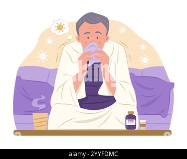 Sick Old Man Blowing His Nose into Handkerchief for Fever Concept Illustration Stock Vector