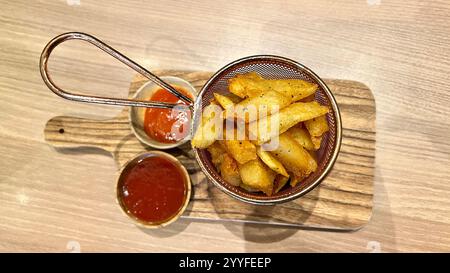 Aerial view of seasoned french fries on traditional plate with chili and tomato sauce near. Seasoned french fries quite popular snack for teenager Stock Photo