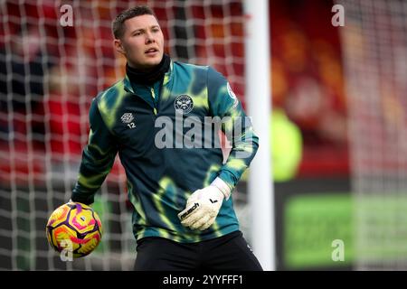 Brentford goalkeeper Hakon Rafn Valdimarsson watches the ball go wide ...