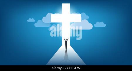 Big Bright Christian Cross Symbol with Sky, Clouds, Standing Man on the Road - Sign of Crucifix, Easter, Purity, Faith, Baptism, Holy Spirit, Evangeli Stock Vector