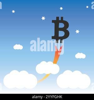 Bitcoin Sign Taking Off - Bit Coin's Rate Is Rising High Up in the Sky, Economy and Crypto Business Keeps Growing - Cryptocurrency Trading Concept Des Stock Vector