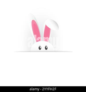 Isolated Happy Easter Template, Card Design - Funny Cute White Bunny with Long Ears Looking Out from Hiding - Design with Copyspace Isolated on White Stock Vector