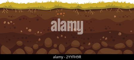 Green grass growing on brown soil layers with visible roots and rocks, representing a healthy and fertile ground perfect for agriculture and gardening Stock Vector