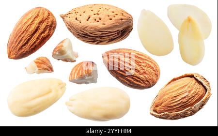 Set of different almond nuts isolated on white background. File contains clipping path. Stock Photo