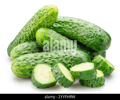Fresh sweet small cucumbers and cucumber slices isolated on white background. Cucumbers that are used to pickling or slicing. Stock Photo