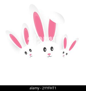 Isolated Happy Easter Template, Card Design - Three Funny Cute Looking White Bunnies with Long Ears - Design with Copyspace Isolated on White Backgrou Stock Vector