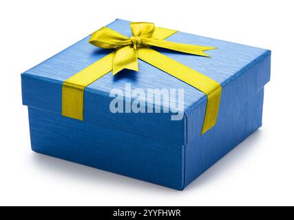 Blue gift box with yellow satin bow, top view, isolated on white background. File contains clipping path. Stock Photo