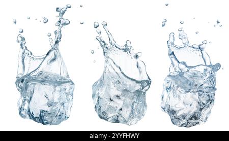 Water splash around ice cubes, freshness and cooling concept. Three cubes with water splash on white background. File contains clipping paths. Stock Photo