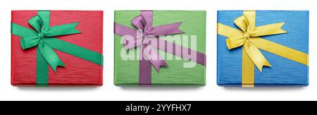 Set of colorful gift boxes with satin bows, top view, isolated on white background. File contains clipping paths. Stock Photo