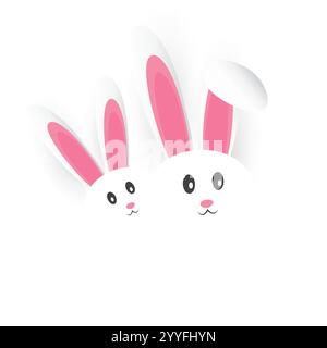 Isolated Happy Easter Template, Card Design - A Couple of Funny Cute White Bunnies with Long Ears - Design with Copyspace Isolated on White Background Stock Vector