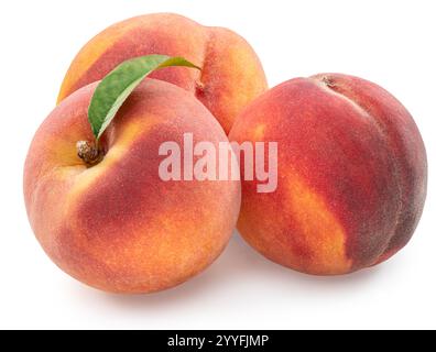 Ripe red peaches with green leaf isolated on white background. File contains clipping path. Stock Photo