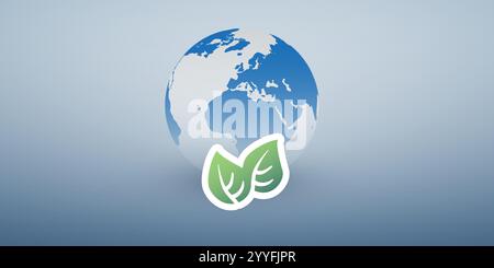 Blue Global Eco World Concept, Graphic Design Layout - Green Leaves and Earth Globe, Vector Template on Wide Scale Gradient Background Stock Vector