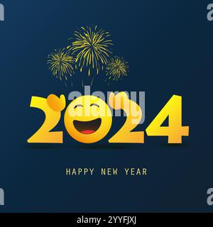 Happy New Year Greeting Card or Background, Creative Design Template with Yellow Smiling Emoji with Open Arms and Fireworks on Dark Blue Background - Stock Vector