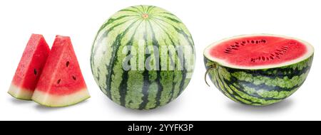 Set of watermelons and watermelon slices isolated on white background. Clipping paths. Stock Photo