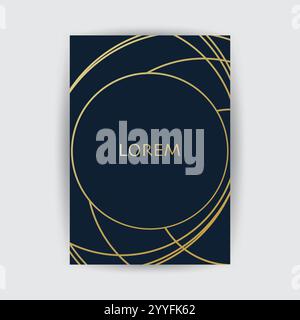 Golden Geometric Frame, Lines Pattern - Minimalist Geometrical Art Deco Style Template for Invitation Cards, Flyers - Line-Art Vector Design on Dark B Stock Vector