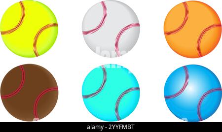 Baseball ball set of six with green yellow white orange brown sky blue and blue isolated on transparent white background Stock Vector