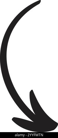 Simple, black, hand drawn curved arrow pointing downwards, isolated on a white background, ideal for various design projects and presentations Stock Vector