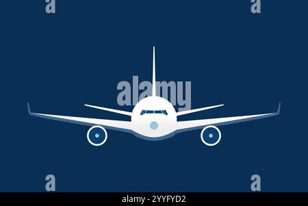 Passenger Airplane Silhouette, Front View - Simple Symbol or Icon Design, Isolated on Dark Blue Background Stock Vector