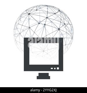 Abstract Cloud Computing and Global Network Connections Concept Design with Wireframe Globe, Computer Monitor, Transparent Geometric Mesh on White Bac Stock Vector