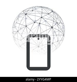 Abstract Cloud Computing and Global Network Connections Concept Design with Mesh Globe, Wireless Mobile Device, Transparent Geometric Mesh on White Ba Stock Vector