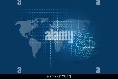 Abstract Dark Blue Minimal Style Computing, Networks Structure, Telecommunications Concept Design, with Network Connections, World Map, Transparent Gl Stock Vector