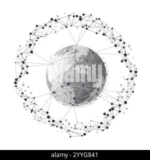 Abstract Cloud Computing and Global Network Connections Concept Design with Transparent Geometric Polygonal Mesh Around Earth Globe - Illustration in Stock Vector