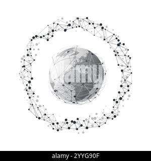 Abstract Black and White Modern Style 3D Cloud Computing and Global Digital Network Connections, IT or Global Technology Concept Design with Polygonal Stock Vector