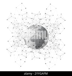 Black and White Modern Cloud Computing and Global Digital Network Connections, IT or Technology Concept with Earth Globe and Transparent Polygonal Mes Stock Vector
