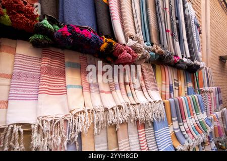 moroccan blankets textiles fabrics for sale in the medina marrakesh, morocco Stock Photo