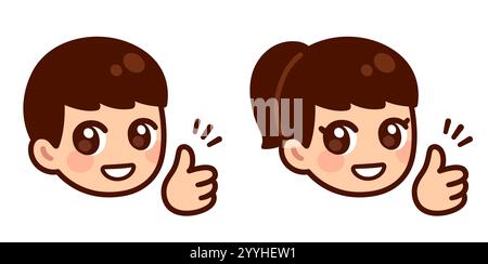 Cute anime boy and girl giving thumbs up. Simple kawaii face cartoon illustration. Stock Vector