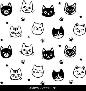 Cute cartoon cat faces doodle seamless pattern. Hand drawn black and white kitties, paws, stars. Simple vector background illustration. Stock Vector