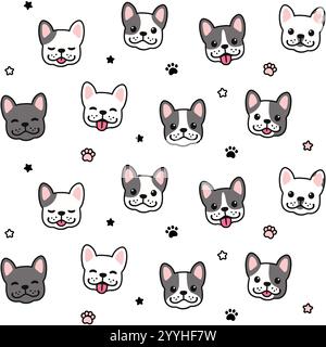 Cute cartoon French Bulldog faces seamless pattern. Hand drawn Frenchie pups, paws, stars. Simple vector background illustration. Stock Vector
