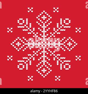 Snowflake sweater pattern, stylized knitted symbol on red background. Vector illustration. Stock Vector