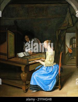 Young woman painter in golden frame with color pallet and paint brush ...