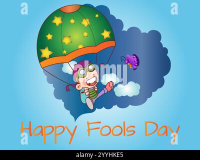 Cartoon of a boy in a green parachute flying through the sky. The words "Happy Fools Day" are written below the image. Playful April Fools Day Humour Stock Vector