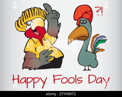 Cartoon of a parrot and a bird with a hat on. The bird is wearing a hat and has a surprised look on its face. Playful April Fools Day Humour Happiness Stock Vector