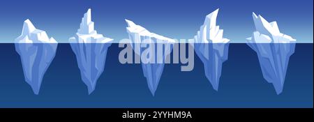 Cartoon floating icebergs. Triangle style arctic rocks, antarctic glaciers with underwater part, cold water blocks, polar mountain in ocean isolated w Stock Vector