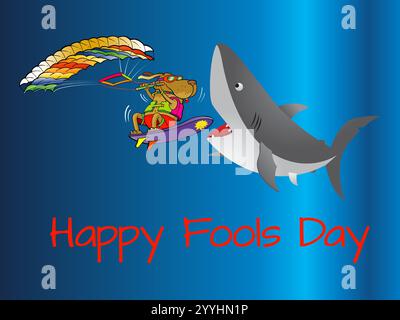 Cartoon of a shark and a man on a surfboard. The shark is biting the man's surfboard. The image is titled Happy Fools Day. Playful April Fools Day Hum Stock Vector