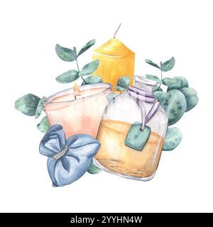 Candle in a glass and a glass bottle with oil, liquid. Eucalyptus and sachet. Watercolor isolated composition, illustration on the background. For des Stock Photo