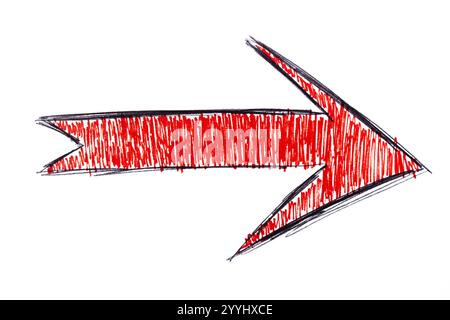 An arrow sign drawn with red pencil isolated on white Stock Photo